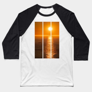 Wonderful landscapes in Norway. Nord-Norge. Beautiful scenery of a midnight sun sunset at Nordkapp (Cape North). Boat and globe on a cliff. Rippled sea and clear orange sky. (vertical) Baseball T-Shirt